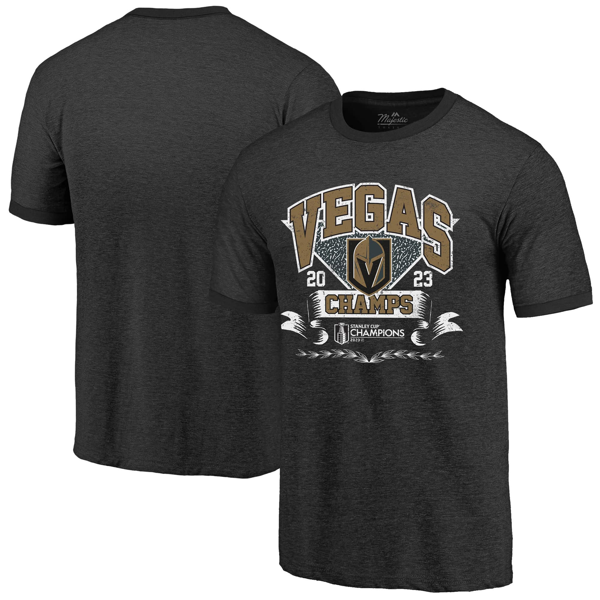 Men’s Majestic Threads  Black Vegas Golden Knights 2023 Stanley Cup Champions Ringer Tri-Blend T-Shirt